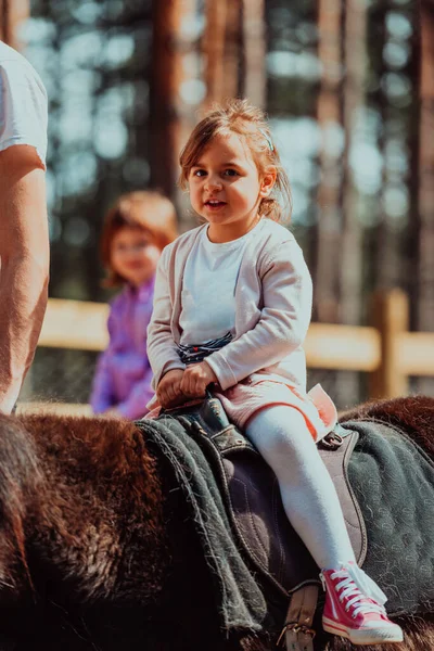 小女孩骑着小马在公园里玩得很开心 — 图库照片