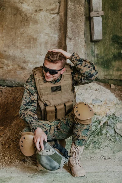 Upset Soldier Has Psychological Problems Holding His Head — Stock Photo, Image