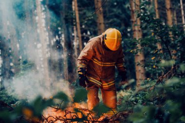 İtfaiyeci iş başında. Güçlü yangınlarla çevrili tehlikeli orman bölgelerinde itfaiyeci. İtfaiye teşkilatının işi. Merhaba.