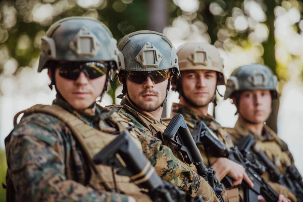 Soldier Fighters Standing Together Guns Group Portrait Army Elite Members — Stock Photo, Image