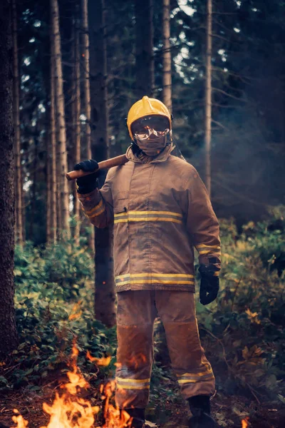 Firefighter Job Firefighter Dangerous Forest Areas Surrounded Strong Fire Concept — Stock Photo, Image