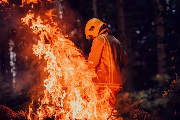 Bombero Trabajo Bombero Áreas Forestales Peligrosas Rodeadas Fuerte Fuego Concepto —  Fotos de Stock