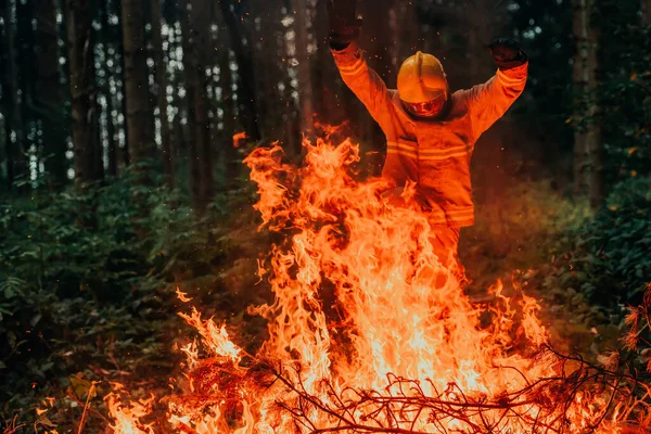 Bombero Trabajo Bombero Áreas Forestales Peligrosas Rodeadas Fuerte Fuego Concepto —  Fotos de Stock