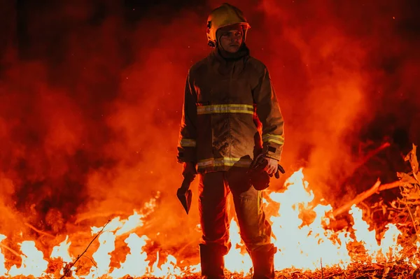 消防员在工作 在危险的森林地区 消防员被大火包围 消防处的工作概念 — 图库照片