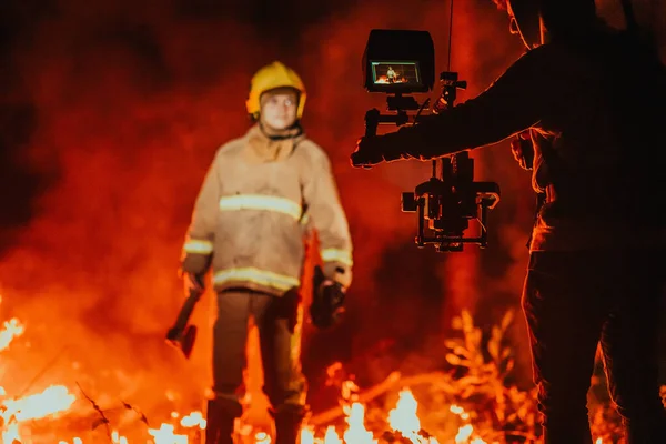Cameraman Professional Equipment Stabilization Camera Recording Firefighter While Performing Work — Stock Photo, Image