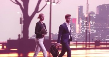 Metaverse siber uzay karakterleri yapay zeka gerçekliği arttırır. Sokakta yürüyen ve konuşan çiftler. Kahve içen genç bir kadın. Yüksek kalite 4k görüntü