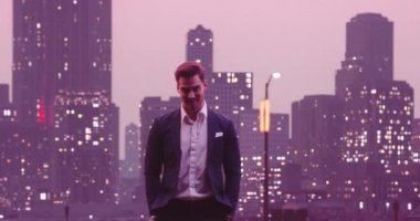 Metaverse siber uzay karakteri yapay zeka gerçekliği arttıran yakışıklı iş adamı. Geceleri New York City Skyline, arka planda ofis binaları. Yüksek kalite 4K görüntü