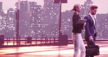 Metaverse siber uzay karakterleri yapay zeka gerçekliği arttırır. Sokakta yürüyen ve konuşan çiftler. Kahve içen genç bir kadın. Yüksek kalite 4k görüntü