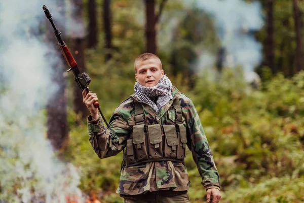 Angry Terrorist Militant Guerrilla Soldier Warrior Forest — Stock Photo, Image