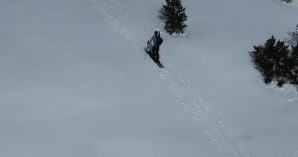 Aerial Ski Touring Man Korsar Över Kameravyn Bergen Vintersäsongen Nysnö — Stockvideo