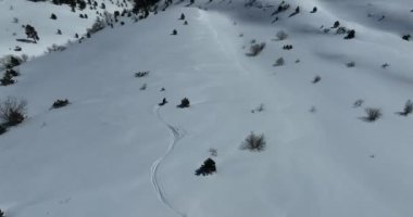 Sinema, tepeden aşağı serbest kayak. İnanılmaz bir dağ manzarası olan taze, derin karda kayak. Freeride atletleri muhteşem bir manzara ile piste kayak dönüşlerini gösteriyorlar. Yüksek kalite 4k görüntü