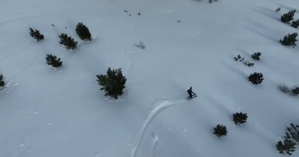 Кинематографический Воздушный Спуск Лыжах Фрирайд Свежем Глубоком Снегу Удивительным Горным — стоковое видео