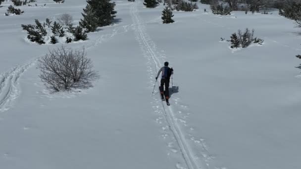 Aerial Ski Touring Uomo Attraversando Vista Fotocamera Montagna Nella Stagione — Video Stock
