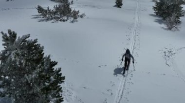 Kışın taze kar mevsiminde dağlarda kameranın önünden geçen hava kayaklı adam. Deri yokuşunda bir sıra halinde kayak turu. Toz günü. kayak tatili konsepti. Yüksek kalite 4k