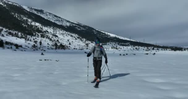 クロスカントリースキーは冬に雪に覆われた森林の風景の中を歩く 空中ドローン追跡ショット 高品質4K映像 — ストック動画