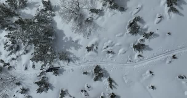 Aerial Ski Touring Hombre Cruzando Vista Cámara Las Montañas Temporada — Vídeos de Stock