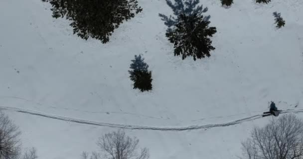 Aerial Ski Touring Man Korsar Över Kameravyn Bergen Vintersäsongen Nysnö — Stockvideo