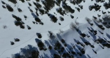 Kışın taze kar mevsiminde dağlarda kameranın önünden geçen hava kayaklı adam. Deri yokuşunda bir sıra halinde kayak turu. Toz günü. kayak tatili konsepti. Yüksek kalite 4k