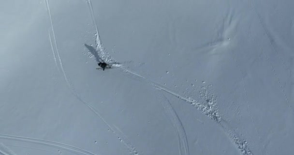 Кінематографічна Авіація Спускається Лижах Свіжому Глибокому Снігу Дивовижним Гірським Пейзажем — стокове відео