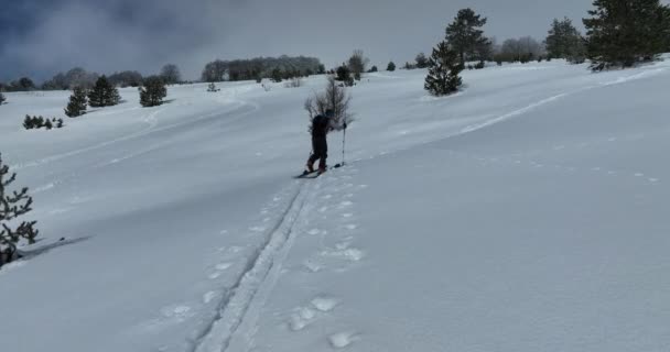 Лыжный Турист Переходящий Через Камеру Горах Зимний Сезон Свежий Снег — стоковое видео