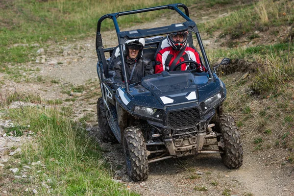 Man Driving Quad Atv Motorcycle Beautiful Meadow Landscapes High Quality — Stock Photo, Image