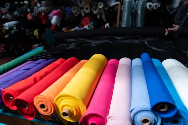 Interior Industrial Warehouse Fabric Rolls Samples Small Business Textile Colorful — Stock Photo, Image