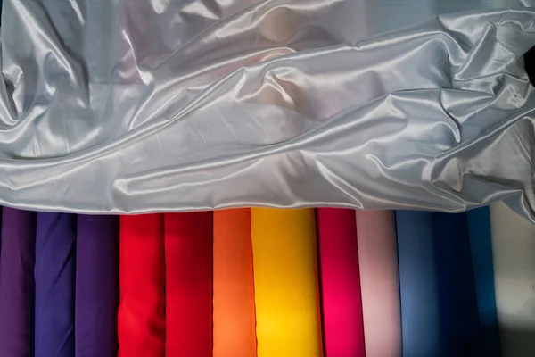 Coleção Tecidos Moda Amostras Tecidos Naturais Diferentes Para Coser Uma — Fotografia de Stock