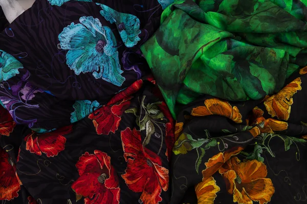 Collection Fashionable Fabrics Samples Different Natural Fabrics Sewing Fashion Collection — Stock Photo, Image
