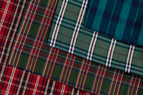 Коллекция Модных Тканей Шотландии Образцы Различных Натуральных Тканей Пошива Коллекции — стоковое фото