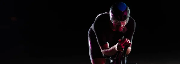 Triathlete Rides His Bike Darkness Night Pushing Himself Prepare Marathon — Stock Photo, Image