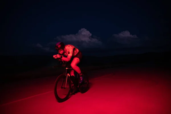 Triathlete Rides His Bike Darkness Night Pushing Himself Prepare Marathon Stock Photo