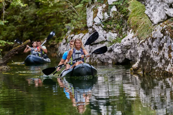 Group Friends Enjoying Having Fun Kayaking While Exploring Calm River — Stock Photo, Image
