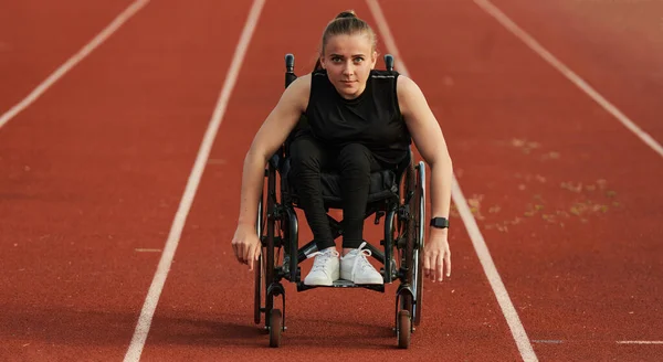 Woman Disablity Driving Wheelchair Track While Preparing Paralympic Games — Stock Photo, Image