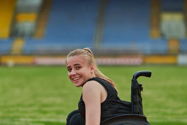 Woman Disablity Driving Wheelchair Track While Preparing Paralympic Games — Stock Photo, Image
