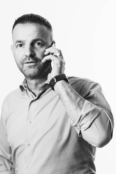 Affärsman Talar Smart Telefon Bär Casual Blå Business Wear Tröja — Stockfoto