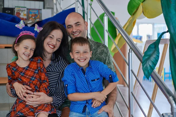 Portrait Happy Family Photo Parents Children Modern Preschool Classroom Selective —  Fotos de Stock