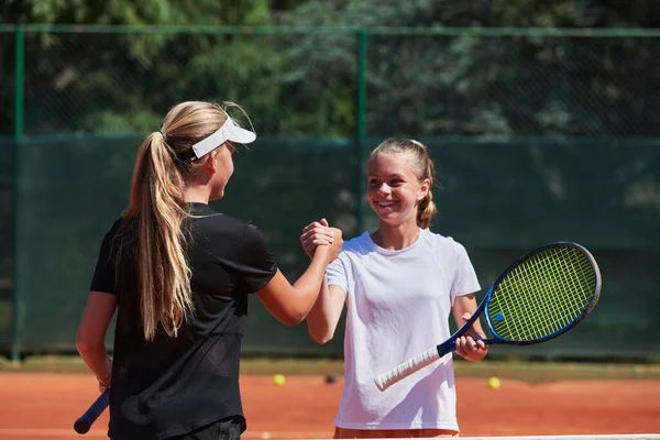 Two Female Tennis Players Shaking Hands Smiles Sunny Day Exuding — Stock Photo, Image