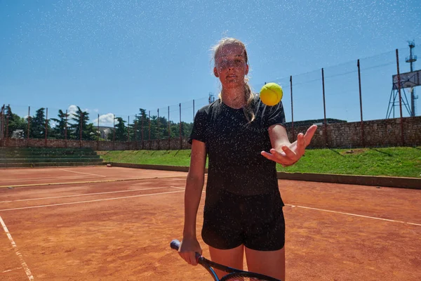 Her Training Tennis Player Joyfully Playing Tennis Ball Radiating Enthusiasm — Stock Photo, Image