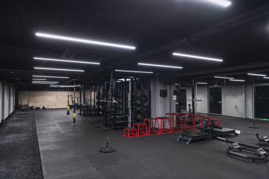 Çeşitli ekipmanlara sahip boş bir modern spor salonu, geniş, işlevsel ve iyi donanımlı bir eğitim tesisi sunuyor..