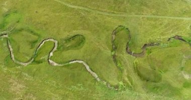 Green Field River hava sahasının üstünden aşağı uçuş. Yeryüzü akciğerleri eşsiz doğal manzara. Bahar meditasyonu manzarası. Güzel destansı soyut yüzey. Ekosistem rezervi. Yaz. Yüksek kalite 4k