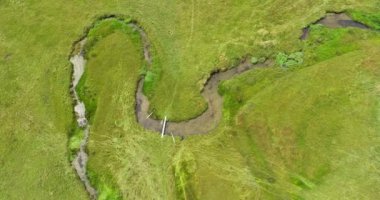 Green Field River hava sahasının üstünden aşağı uçuş. Yeryüzü akciğerleri eşsiz doğal manzara. Bahar meditasyonu manzarası. Güzel destansı soyut yüzey. Ekosistem rezervi. Yaz. Yüksek kalite 4k