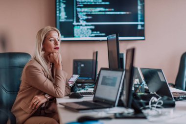 Bilgisayarlarla çevrili bir programcı ofisinde oturan bir iş kadını uzmanlığını ve teknolojiye olan bağlılığını gösteriyor.