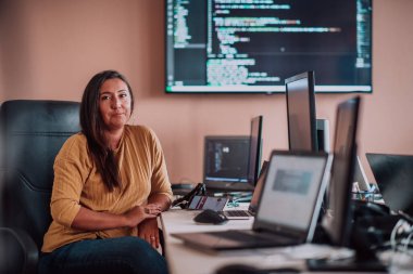 Bilgisayarlarla çevrili bir programcı ofisinde oturan bir iş kadını uzmanlığını ve teknolojiye olan bağlılığını gösteriyor.