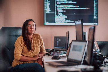 Bilgisayarlarla çevrili bir programcı ofisinde oturan bir iş kadını uzmanlığını ve teknolojiye olan bağlılığını gösteriyor.