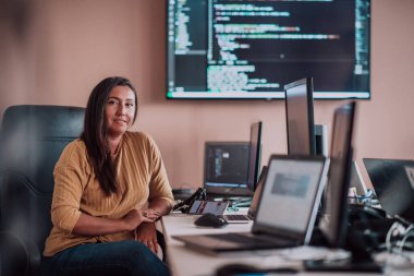 Bilgisayarlarla çevrili bir programcı ofisinde oturan bir iş kadını uzmanlığını ve teknolojiye olan bağlılığını gösteriyor.