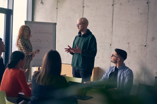 Modern Kontorsmiljö Lyssnar Grupp Affärsmän Uppmärksamt Fängslande Presentation Från Sina — Stockfoto