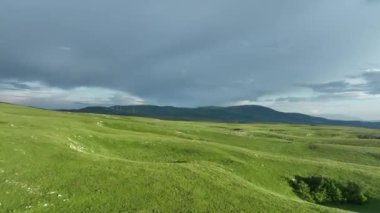 Kırsal manzaranın havadan görünüşü. Mor, turuncu ve yeşil bitkilerin gölgeli bulutlar. Dramatik bir gökyüzü. Yüksek kaliteli stok fotoğrafı