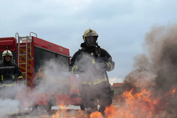 消火器に水霧型消火器を用いて消火活動を行い 火を拡散させないように制御する 消防産業と公共の安全の概念 高品質の写真 — ストック写真