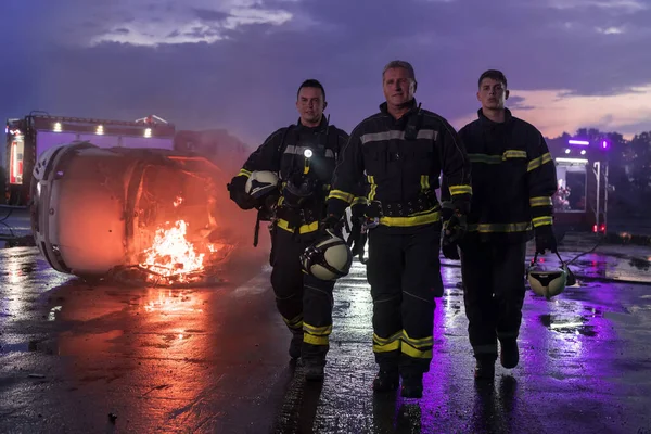 Brave Firefighter Team Walking Camera Англійською Background Paramedics Firemen Rescue — стокове фото