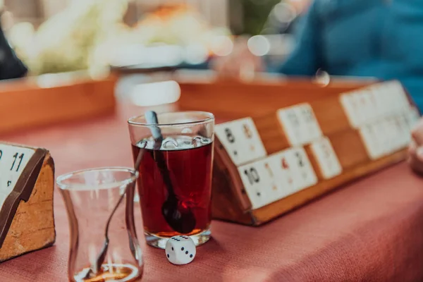 Group Men Drink Traditional Turkish Tea Play Turkish Game Called — Stock Photo, Image
